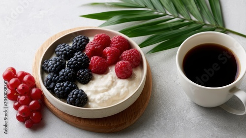 organic breakfast spread, berries, yogurt, coffee aesthetic
