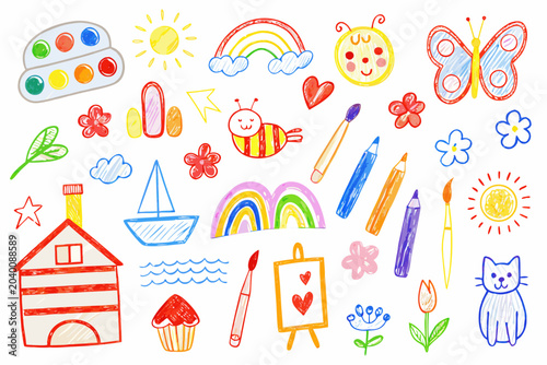 Child s Drawing Collection Crayon Style Vector Illustration On White Background