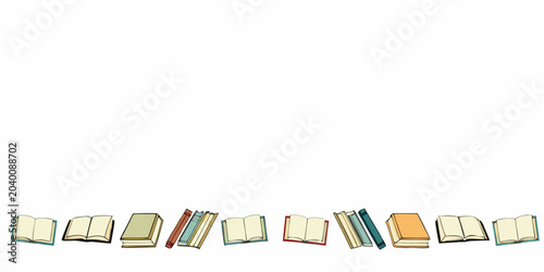 Colorful horizontal border of open books on a white background