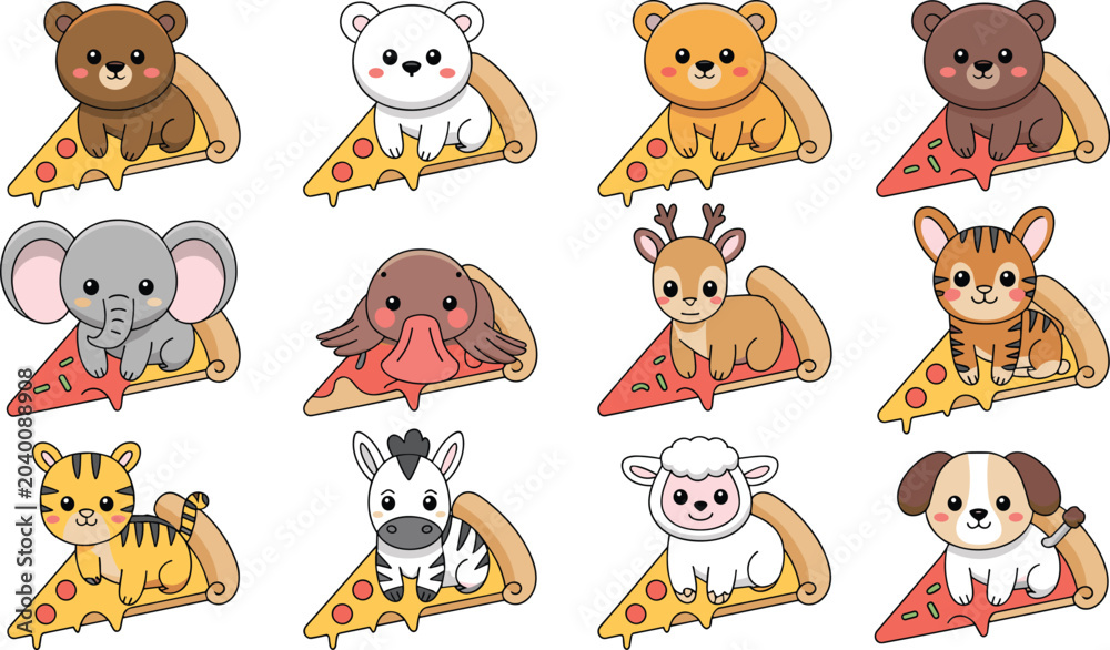 Obraz premium Cute Cartoon Animal Mascot Character Vector Set sitting on Pizza Slices for Kids Fast Food Restaurant Sticker Graphic Designs