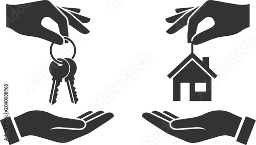 Hands offering house keys and a miniature house icon represent a real estate transaction between two parties.