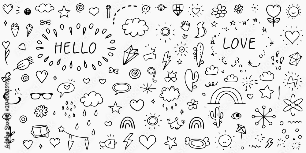 Fototapeta premium Hand Drawn Doodle Collection With Hearts Stars And Text On White