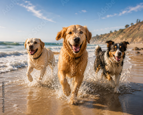Happy Dogs Running on Beach – Fun Pet Adventure by the Ocean, Summer Lifestyle Concept