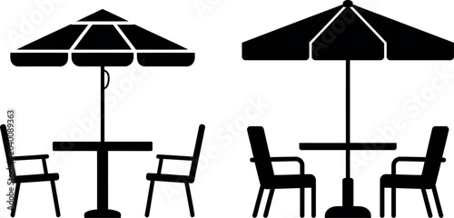 Two outdoor café tables with umbrellas and chairs set for dining