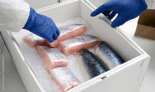 Gloved hands placing fresh fish on ice in box for delivery.