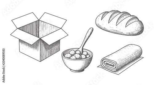 Photos Hand drawn open cardboard box bowl of cereal and bread roll food