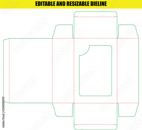 Minimalist cardboard box dieline layout with custom window for high quality retail consumer product packaging