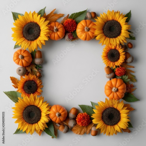 Classic isolated square autumn frame, on a white background, a border of sunflowers, small pumpkins, and acorns, clean central space
