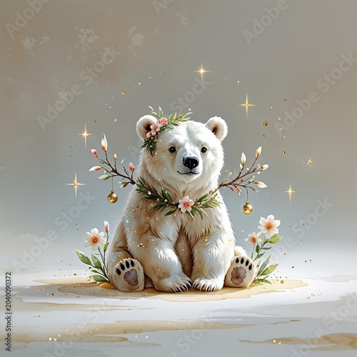 Adorable White Polar Bear Cub Wearing Flowers and Ornaments Sitting With Golden Sparks
