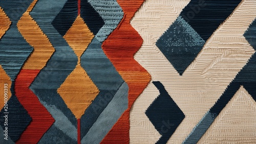 Abstract geometric rug pattern in orange blue beige and white with zigzag design