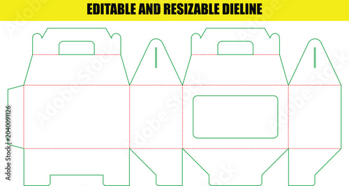 Custom paper handle box dieline with viewing window for gift and bakery product packaging design