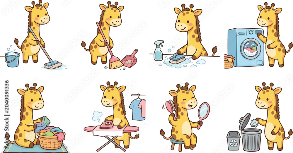 Obraz premium Cute Cartoon Giraffe Mascot Character Doing Housework Housekeeping Chores Cleaning Laundry Washing and Ironing Vector Sticker Graphic Designs
