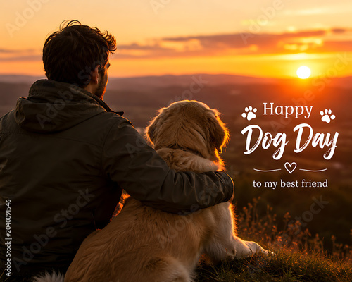Happy Dog Day Sunset Friendship – Dog and Owner Watching Golden Sunset Together, Pet Love and Companionship Concept