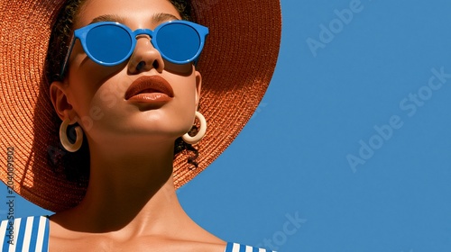 Portrait of a woman in a sun hat and blue sunglasses