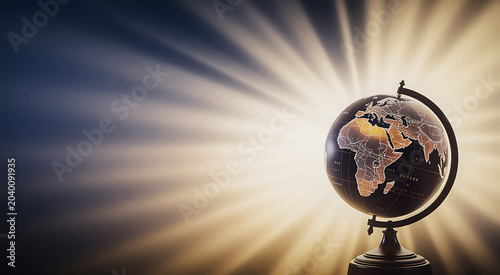 Illuminated earth globe with sunburst light effect and copy space