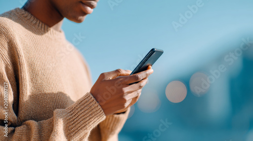 Person using smartphone outdoors in sweater