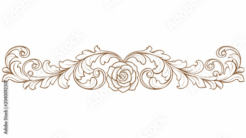 Horizontal floral ornament in a sketched style featuring swirling leaves and a central rose like element design scrollwork acanthus rococo baroque
