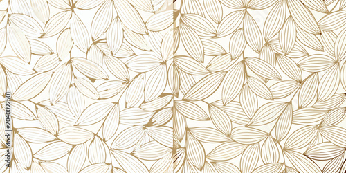 Photography A seamless pattern of stylized elongated leaves in a golden beige color scheme a