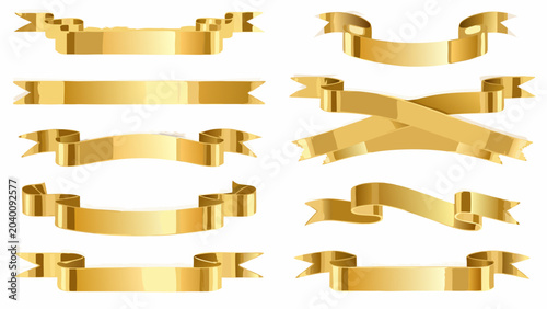 Konstfotografi A collection of eight golden ribbon banners with curled edges presented as a vec