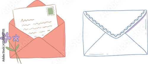 Foto Hand Drawn Open and Closed Envelope Vector Illustration Set with Letter Flowers
