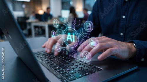 AI technology interface on a laptop, with a person's hands typing