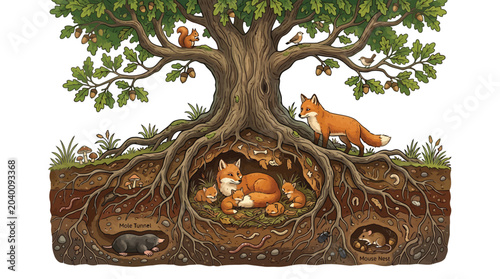 Whimsical foxes and woodland creatures living inside tree roots underground illustration isolated on white background