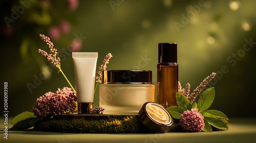 Natural organic cosmetic skincare products with flowers on moss background in garden