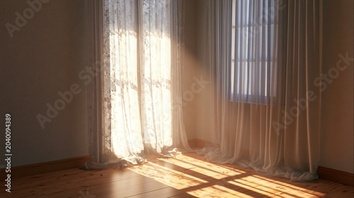 Serene Room with Bright Sunlight Streaming Through Sheer Curtains