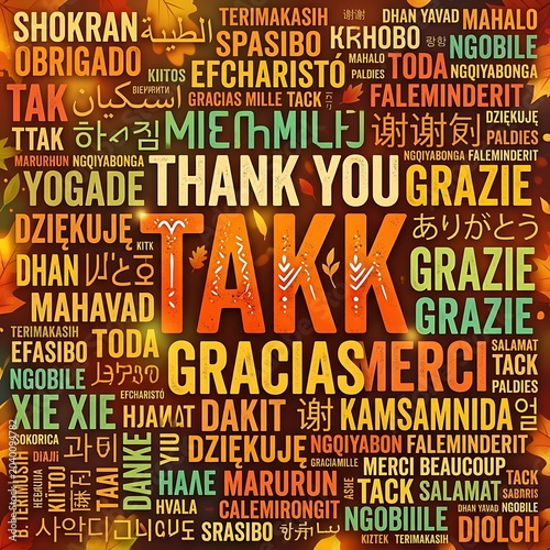 Colorful thank you word cloud with 'takk' in center, multilingual expressions