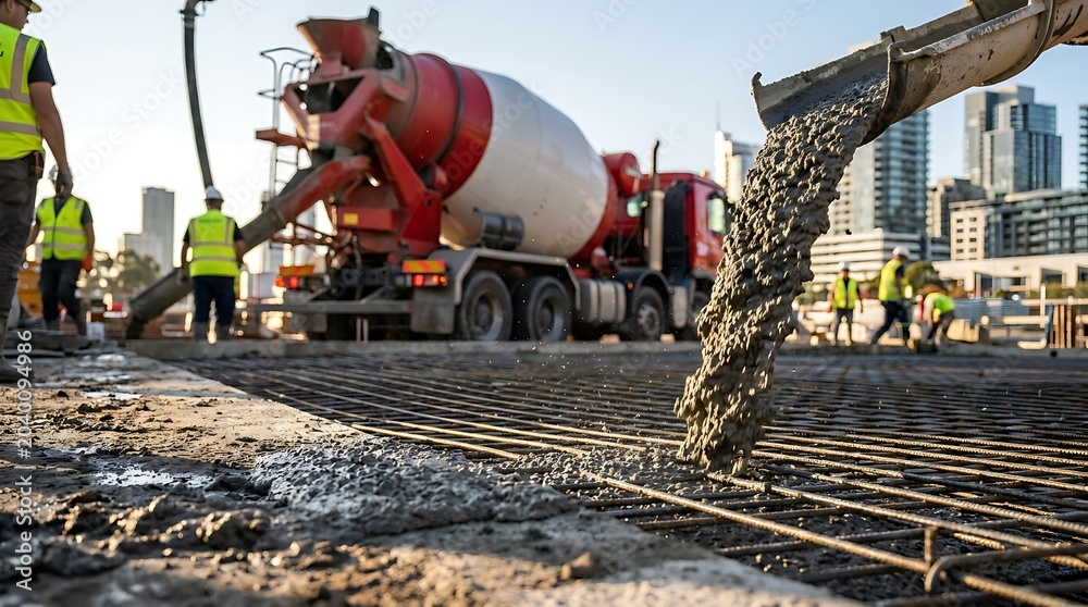 Naklejka premium Construction workers pouring concrete from a mixer truck onto rebar at a sunny urban development site