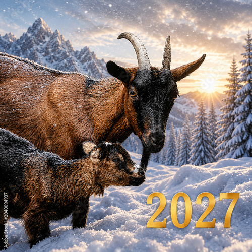 Portrait of a bright red goat with a kid as symbols of the New Year