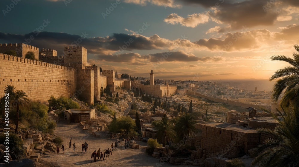 Obraz premium Jerusalem rests in peace behind restored walls as families walk its streets beneath golden sunset light, while the Temple stands as a beacon of hope, renewal, and God’s enduring faithfulness. 