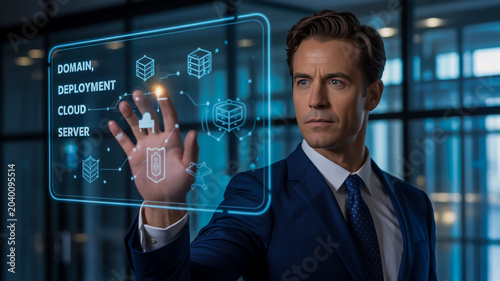 Man interacting with futuristic digital domain server interface