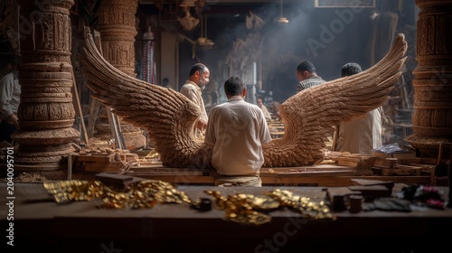 As the Temple is being prepared, skilled artisans carefully carve massive cherubim within the inner sanctuary, their outstretched wings symbolizing the holiness and majesty of God's dwelling place.
