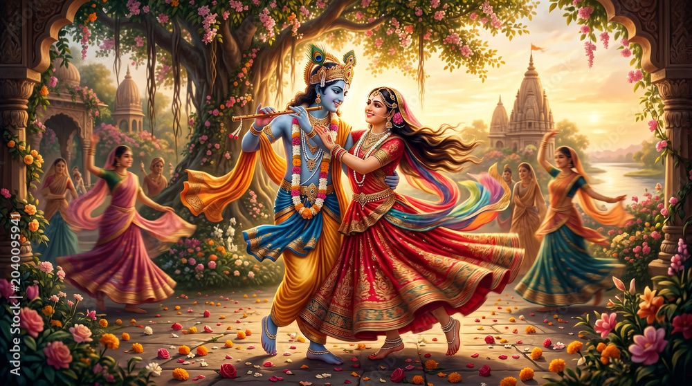 Fototapeta premium Divine couple radha krishna dancing in flowery garden near temple.