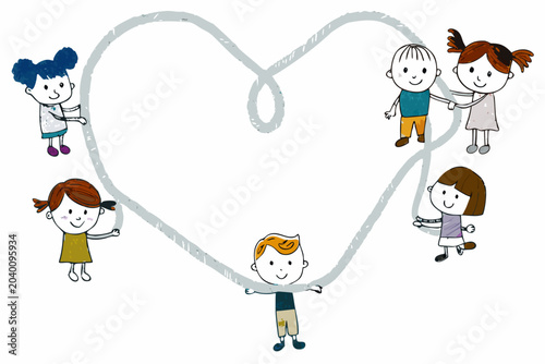 Картината върху платно Children Around A Heart Shape Hand Drawn Vector Illustration