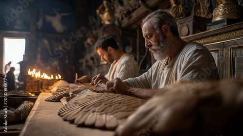 As the Temple is being prepared, skilled artisans carefully carve massive cherubim within the inner sanctuary, their outstretched wings symbolizing the holiness and majesty of God's dwelling place.
