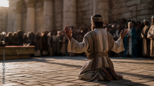As the people gather in the courtyard, Solomon kneels before the altar with uplifted hands, offering a prayer of dedication, humility, and worship before God.
