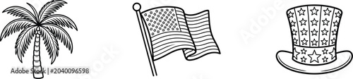 Konstfotografi American patriotic symbols collection palm tree flag and uncle SAM hat line art