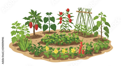 Organic vegetable garden layout illustration with diverse crops and trellis support isolated on white background