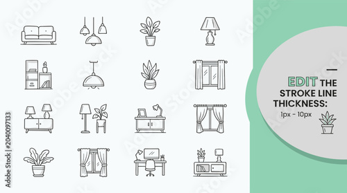 Collection of 16 clean black and white line icons depicting home office items and workspace elements in thin stroke vector illustration.