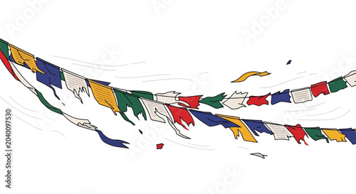 Colorful prayer flags waving on curved line illustration with vibrant traditional design isolated on white background