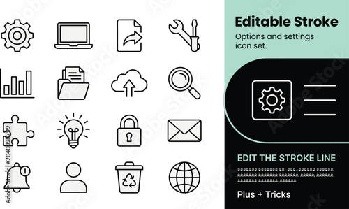 Flat design vector line icons set featuring technology, business, and communication tools with adjustable stroke weight.