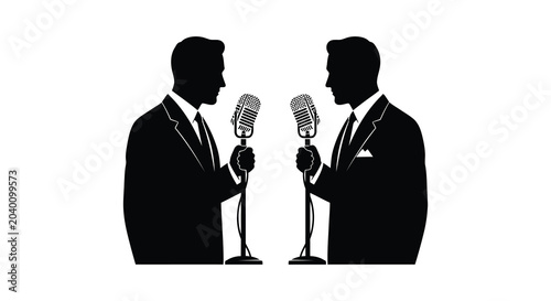 Photos Two men speaking into vintage microphones facing each other black silhouette