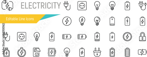 Vector illustration of electricity, energy efficiency, and power-saving icons with a light bulb and related symbols in outline style.