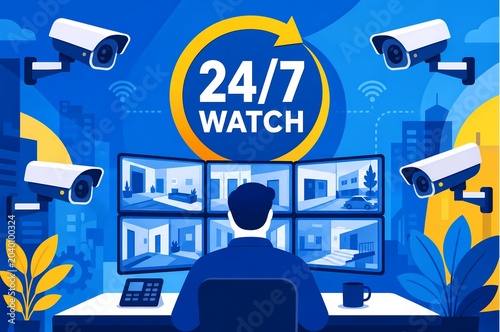 Surveillance operator monitoring multiple screens for security