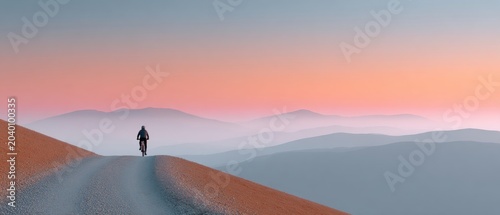 A cyclist is riding on a mountain trail during sunset, with mountains in the background and red sand underfoot