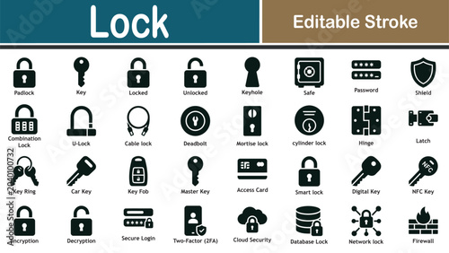 Collection of various lock and security icons in black and white