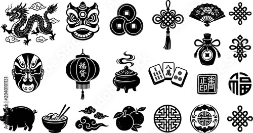 Set of chinese new year icons, including dragon, lion dance mask, lantern, mahjong tiles, traditional knots, and festive food