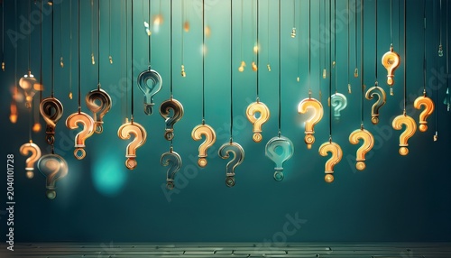 question marks hanging against a teal background showing uncertainty and confusion